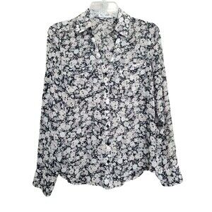 Express Portofino Disty Floral Print Semi-Sheer Roll-Tab Sleeve Button-Up Top M